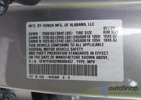 2021 Honda Pilot Awd Ex-L z USA, uszkodzony, nr VIN 5FNYF6H52MB006457
